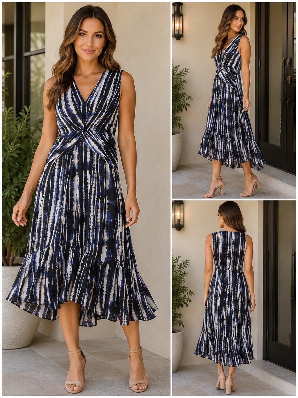 Dkny Navy and White Tie-Dye Twist-Waist Midi Dress - Picture 16 of 16